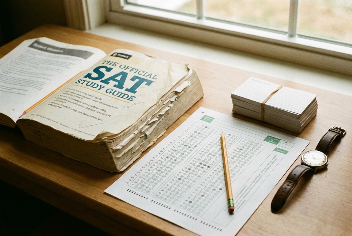 An SAT prep workbook and bubble answer sheet, the test strategy Lily’s Tutoring Services builds with Maryland high schoolers