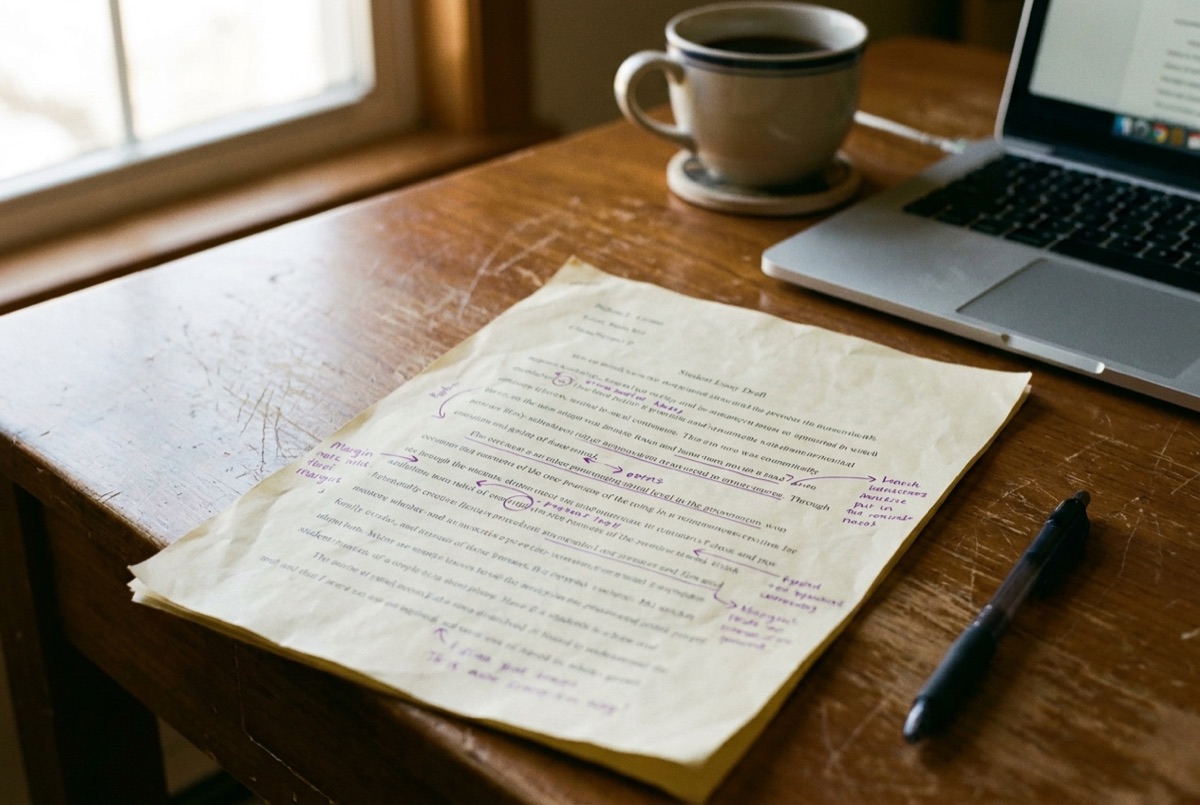 A student essay draft marked up with revision notes, the writing support Lily’s Tutoring Services gives Maryland students from middle school through college