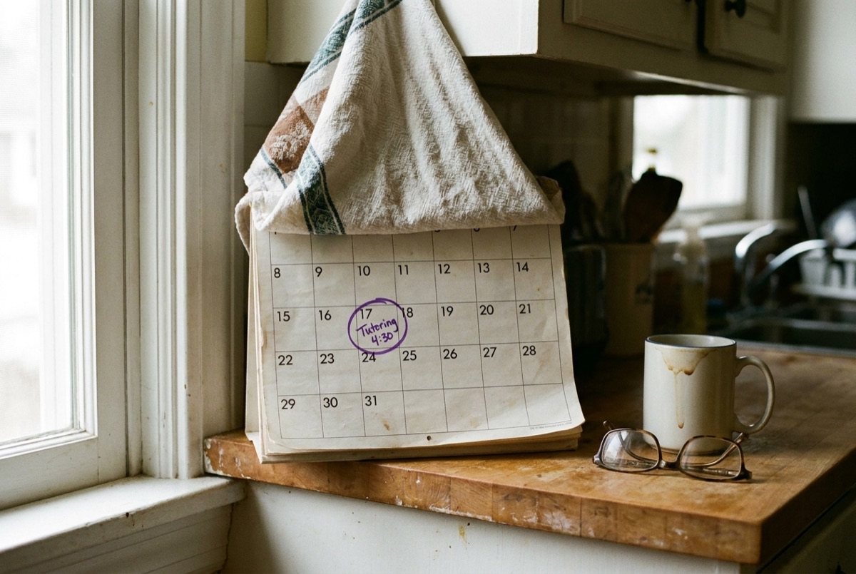 Kitchen calendar with a tutoring session circled in purple, a first appointment booked with Lily's Tutoring Services in Maryland