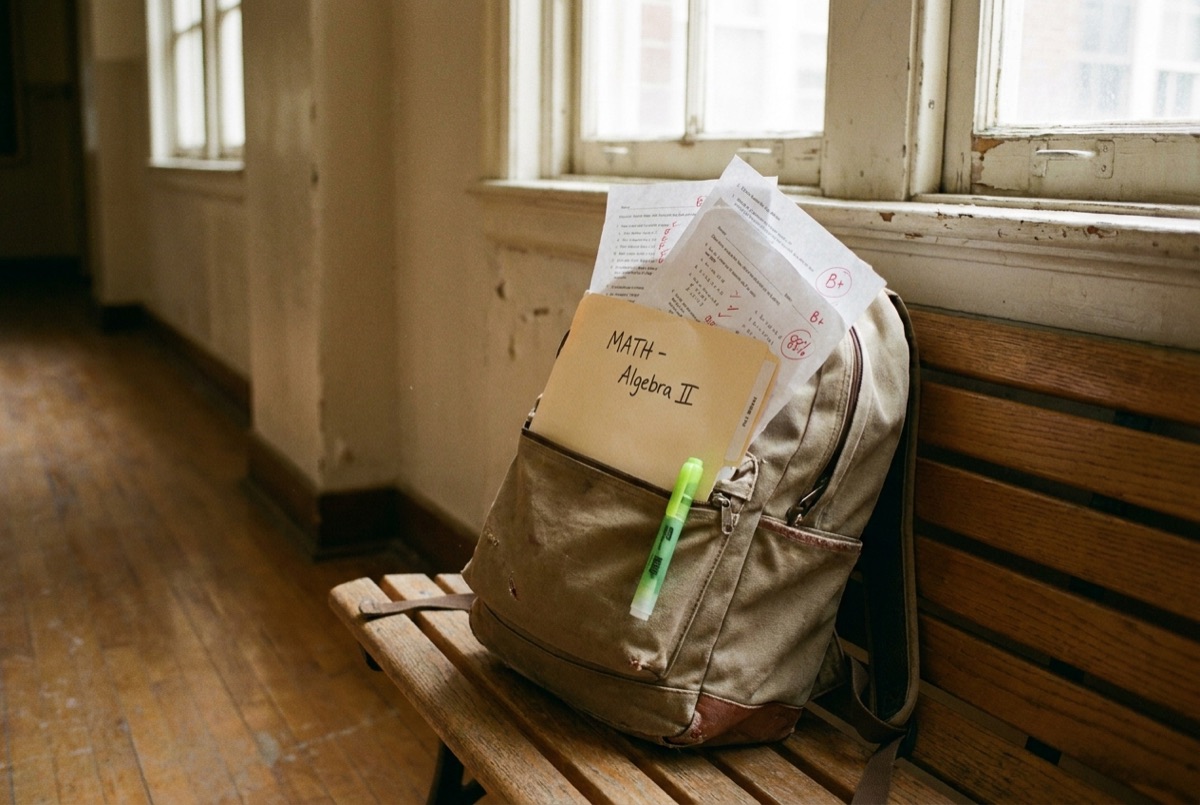 Student backpack with an Algebra II math folder, the kind of schoolwork Maryland families contact Lily's Tutoring Services about