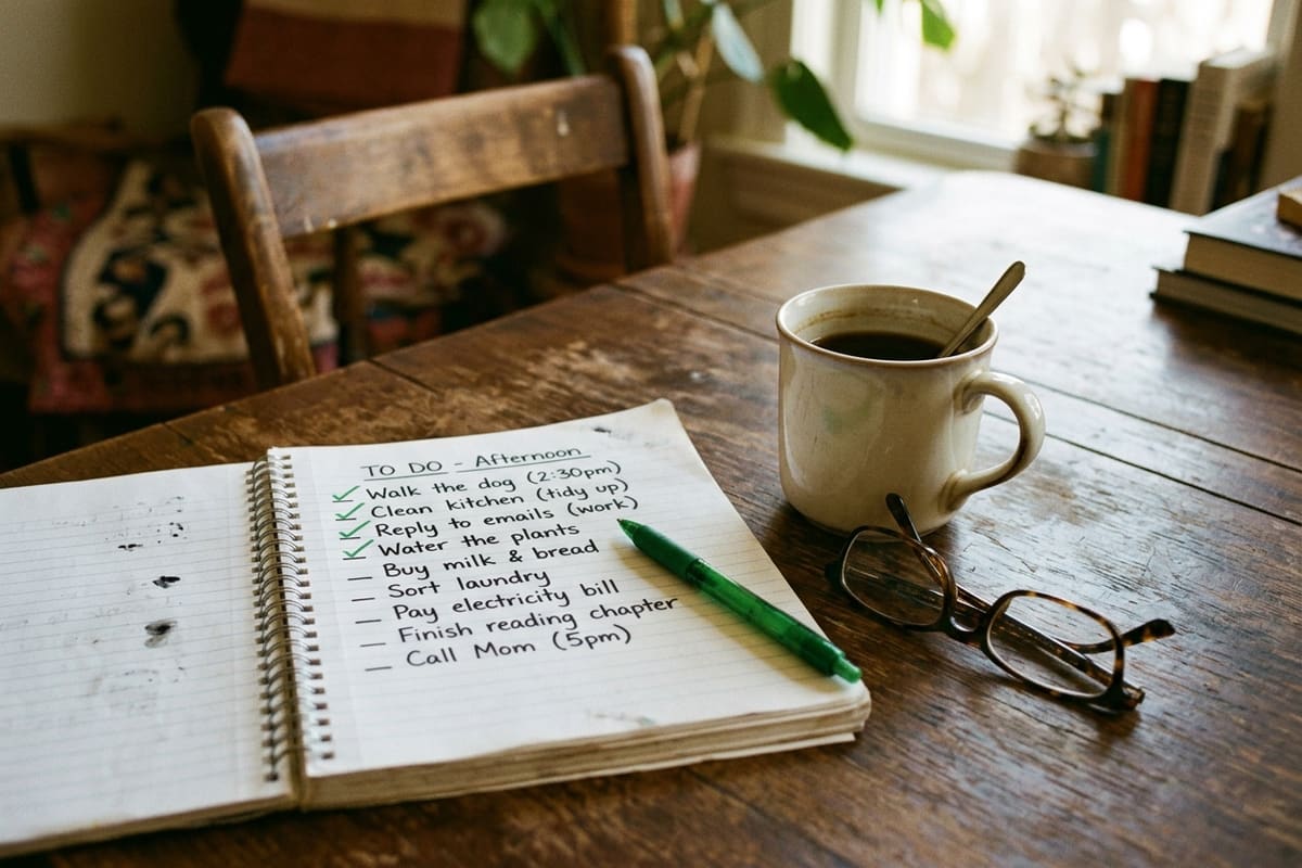 A handwritten afternoon to-do list with the first items checked off in green pen beside a coffee mug, the follow-through adults and college students work on with an executive function coach at Lily’s Tutoring Services
