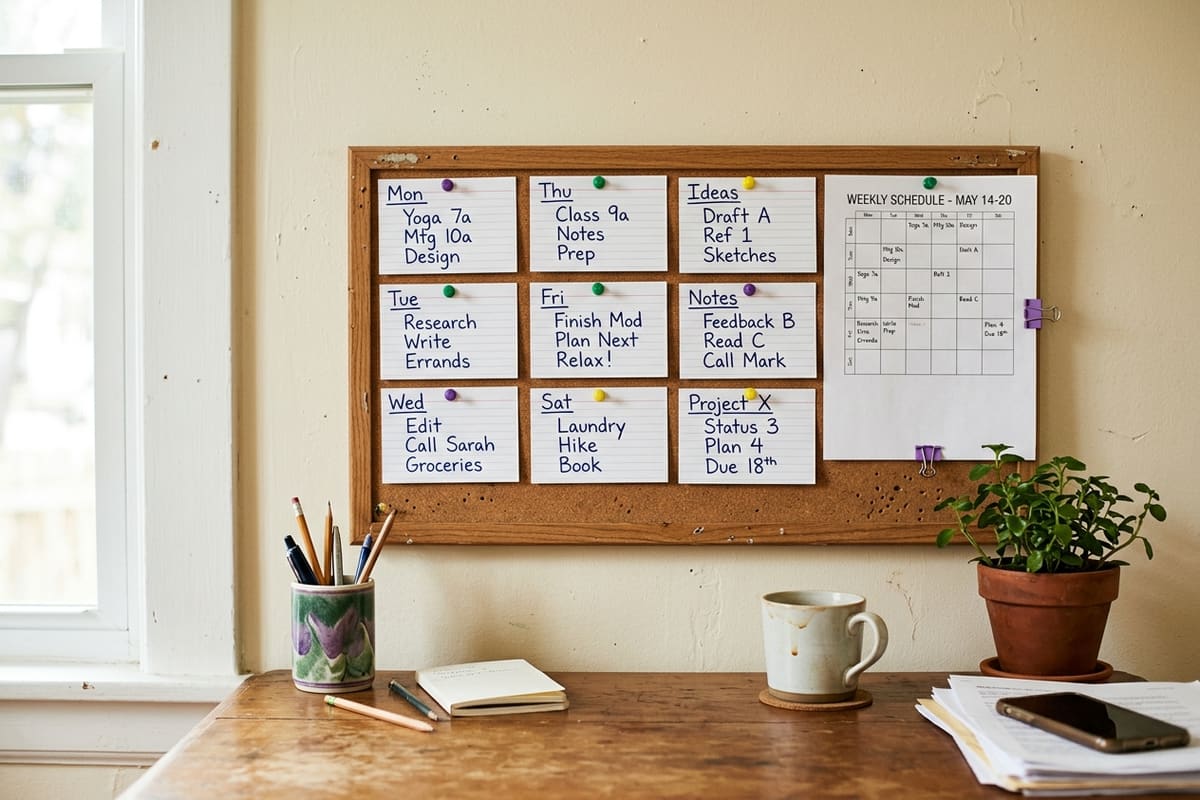 A corkboard with index cards sorted by weekday and a printed weekly schedule above a wooden desk, the planning and organization an executive function coach builds with students and adults in Maryland