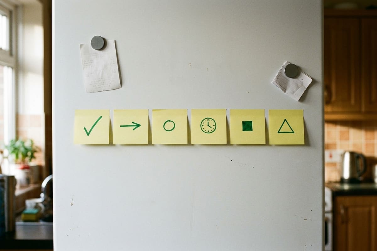 A row of six yellow sticky notes on a kitchen refrigerator door, each marked with one simple green symbol such as a check mark, an arrow or a clock, the reminders and follow-through an executive function coach at Lily’s Tutoring Services helps Maryland students and adults build