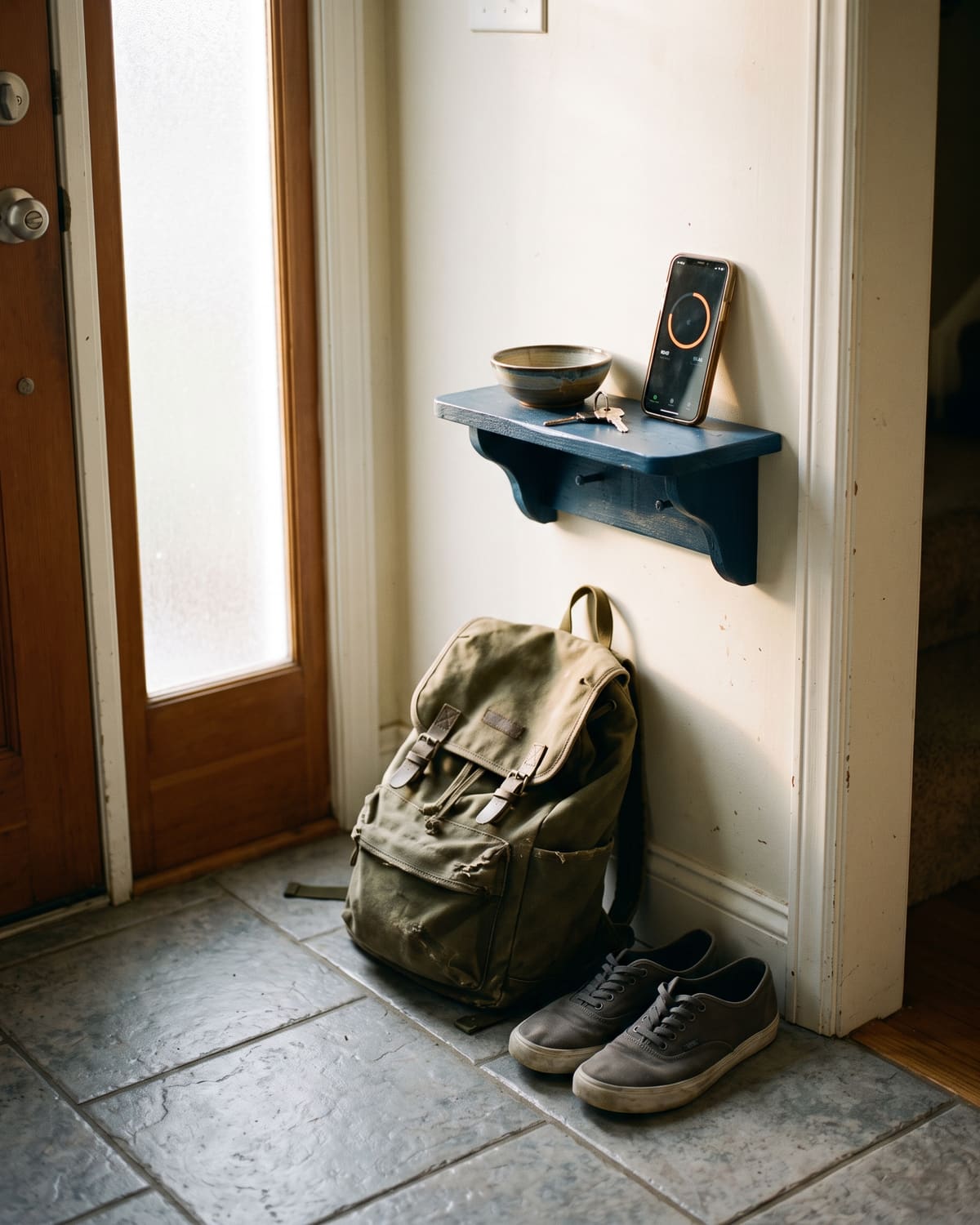 A canvas backpack and a pair of sneakers by a front door on a school morning, with a phone showing a countdown timer on a small entryway shelf, the time management side of executive function coaching for Maryland high school and college students