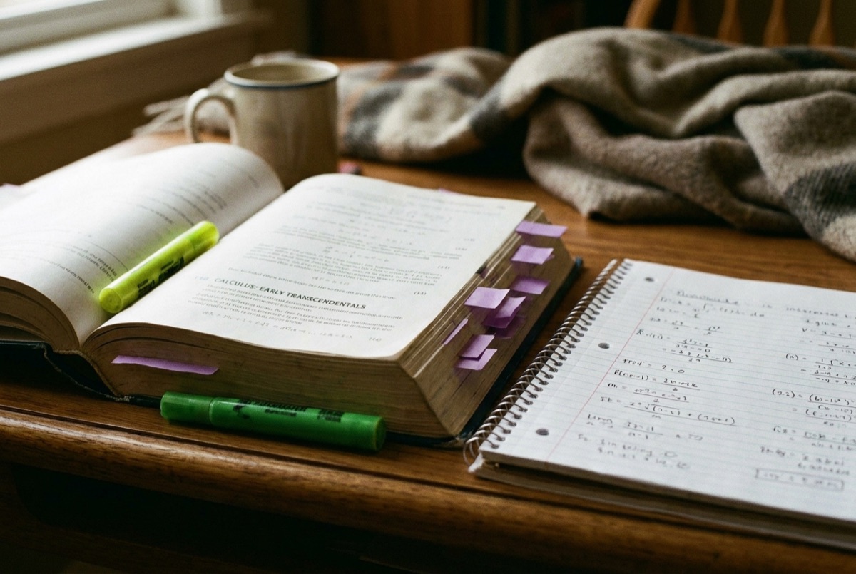 AP Calculus textbook and handwritten derivative notes, the advanced mathematics coursework behind our top rate tier