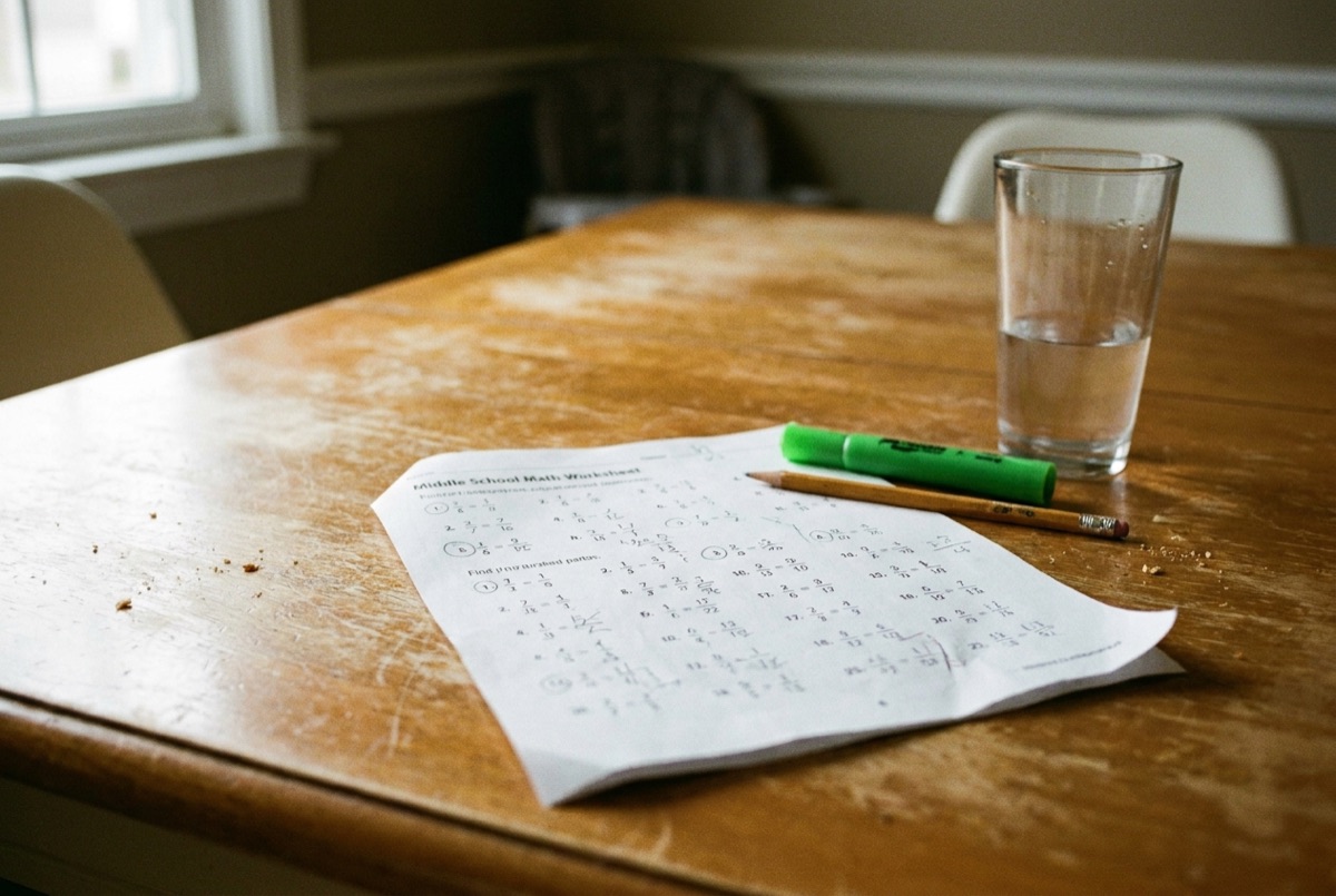 Middle school fractions worksheet on a Maryland kitchen table, the starting point for many Lily's Tutoring Services online lessons