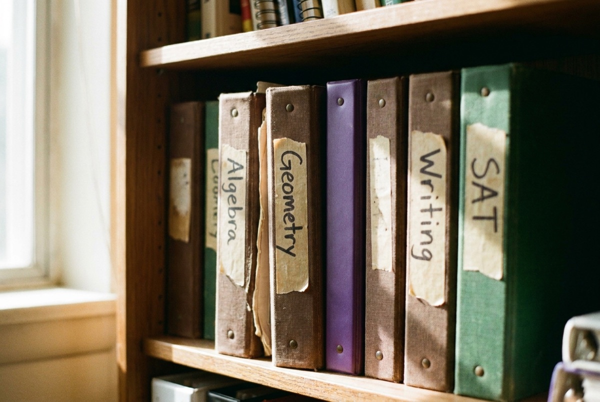 Hand-labeled Algebra, Geometry, Writing and SAT binders kept by Lily's Tutoring Services tutors in Maryland