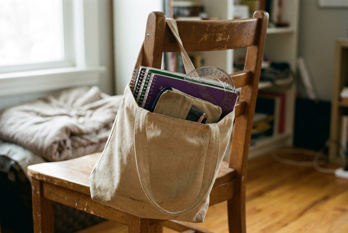 Tutor's tote bag packed with notebooks and a protractor for a Lily's Tutoring Services session in central Maryland