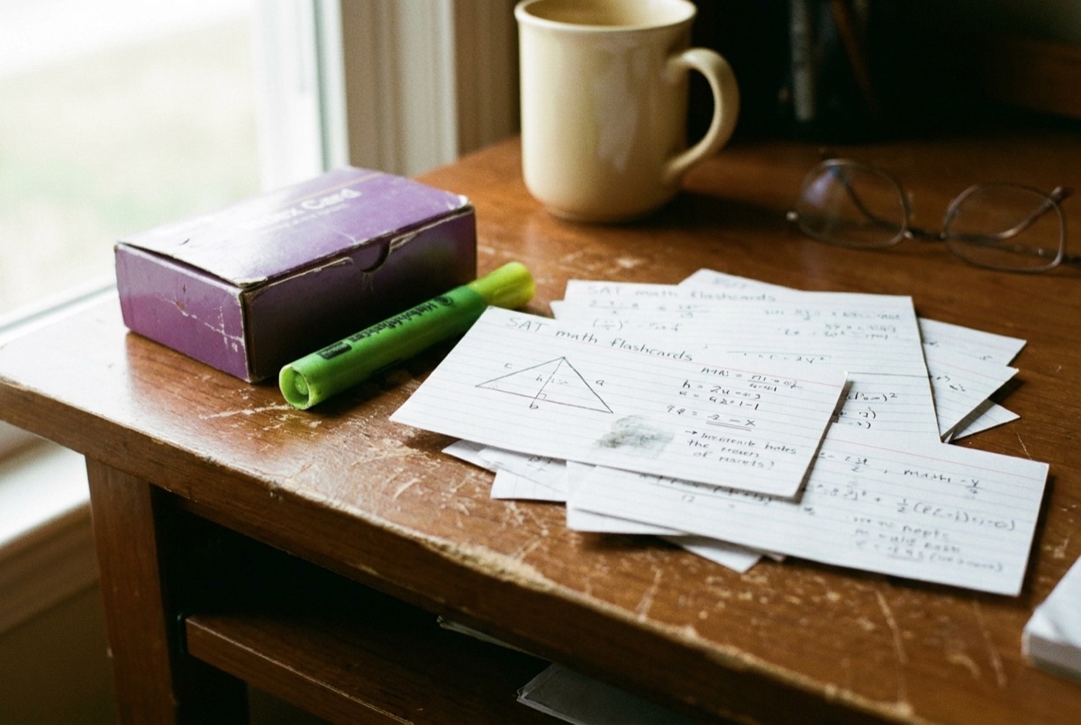 Handwritten SAT math flashcards, part of the focused review in Lily's Tutoring Services test prep