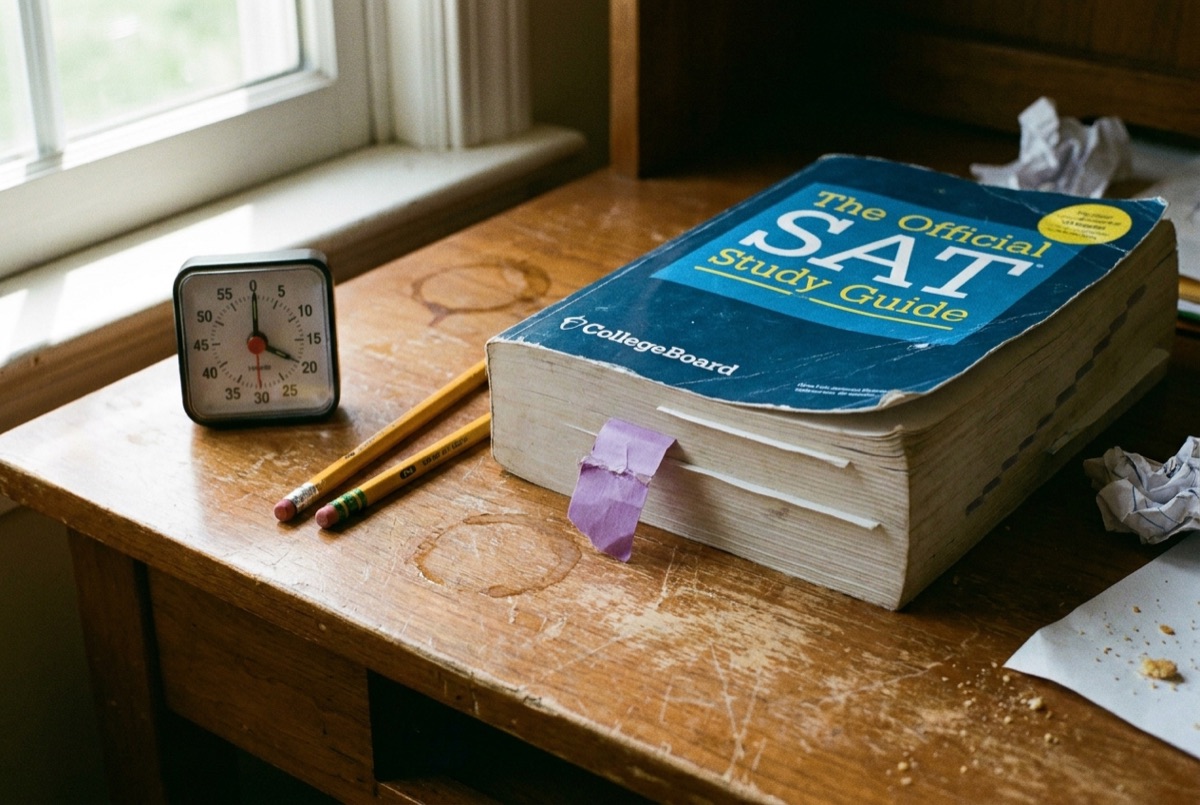 The Official SAT Study Guide and a practice timer, materials behind Lily's Tutoring Services SAT prep in Maryland