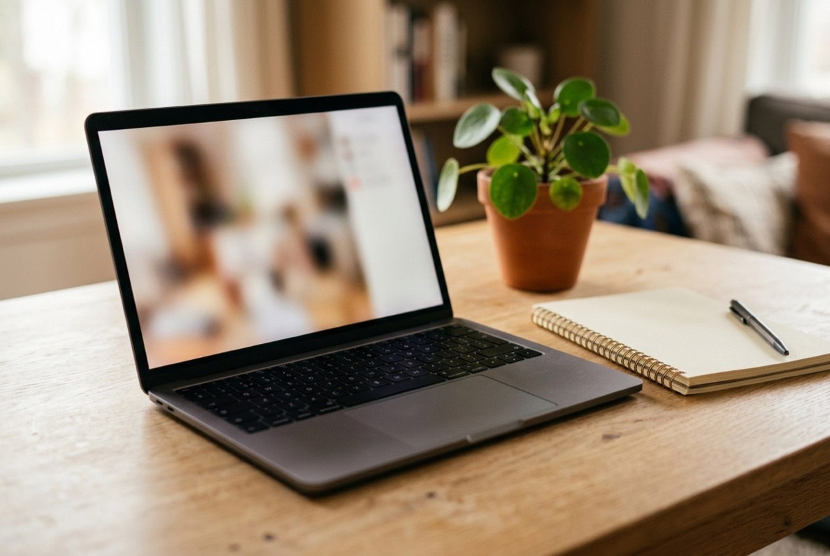 A laptop and notebook set up for a virtual tutoring session with Lily's Tutoring Services in Maryland