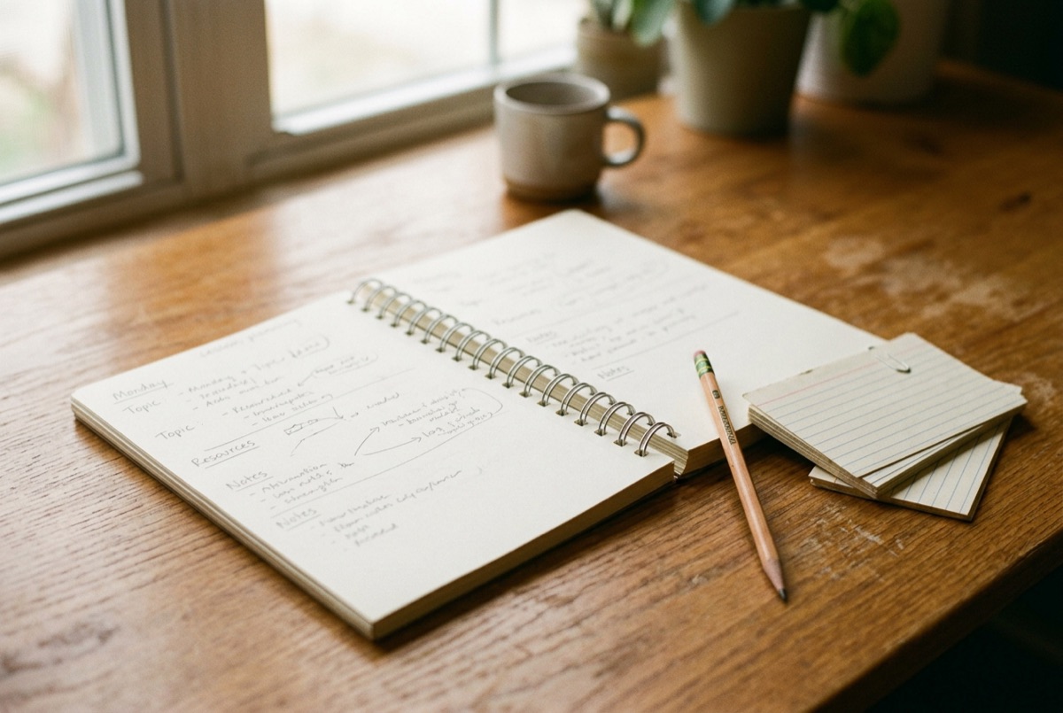 An open lesson-planning notebook and index cards, the prep behind a tutoring session at Lily's Tutoring Services in Maryland