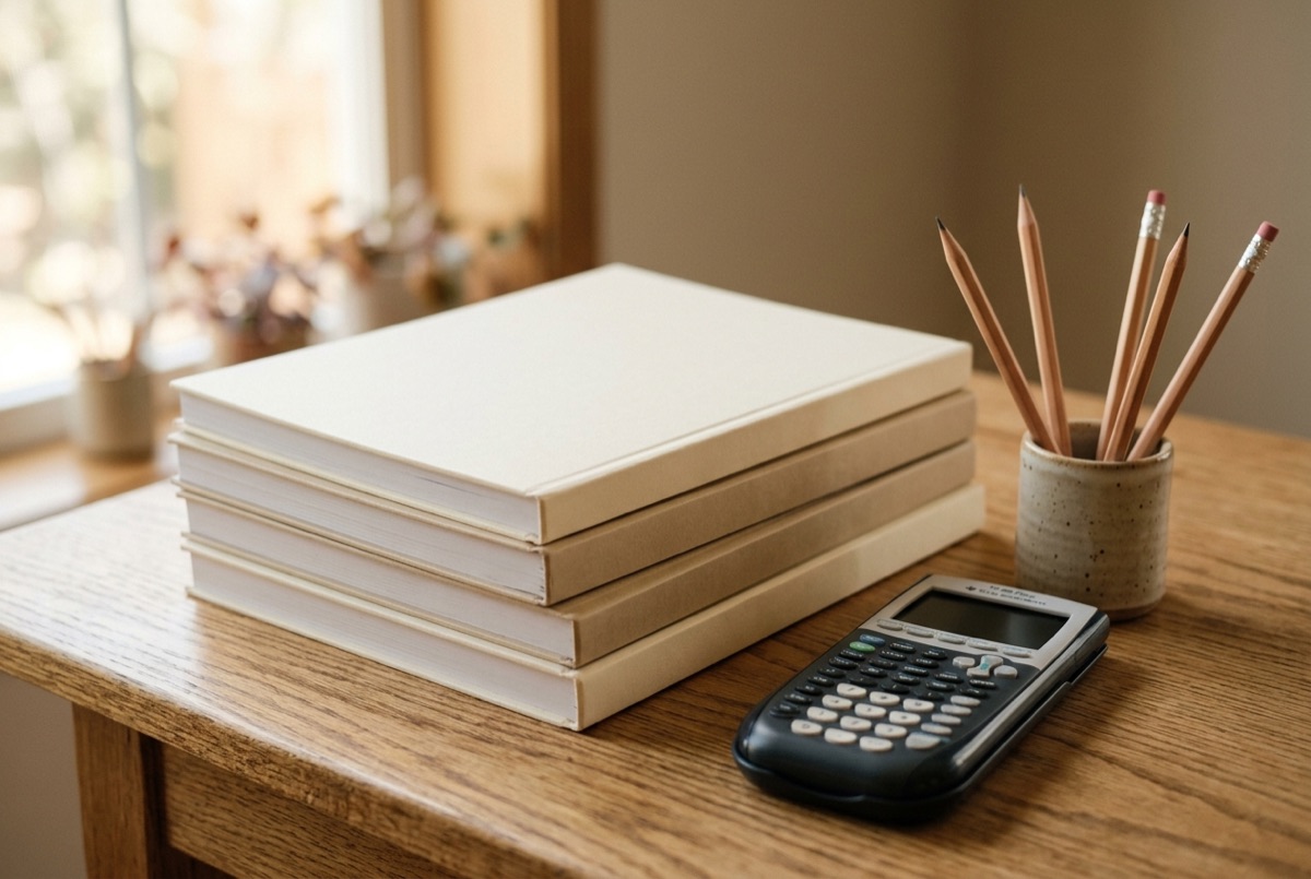 Test-prep workbooks, a graphing calculator, and pencils used in the paid SAT tutor training at Lily's Tutoring Services