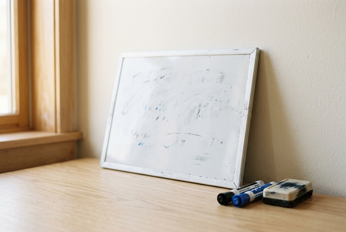 A well-used desktop whiteboard and markers, the working tools of a Lily's Tutoring Services tutor in Baltimore, Maryland