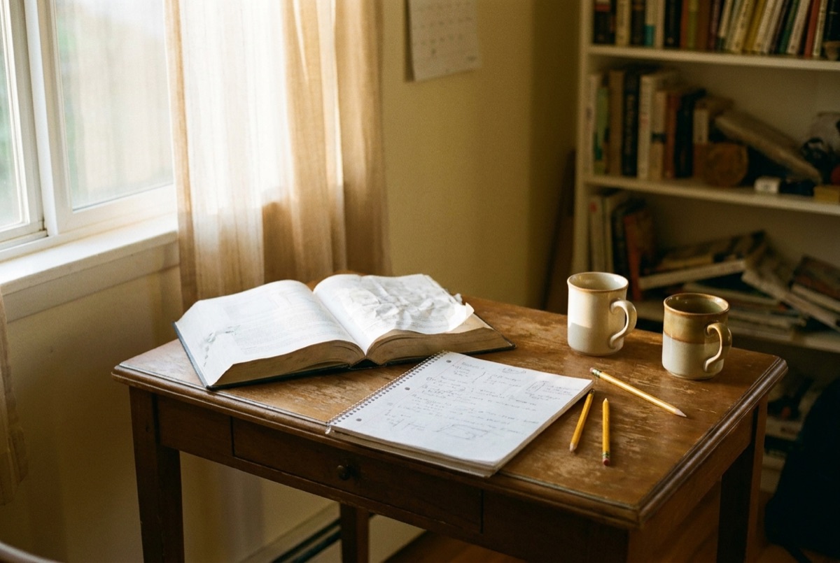 A study table set for a one-on-one Lily’s Tutoring Services session in Maryland, with an open textbook and worked notebook