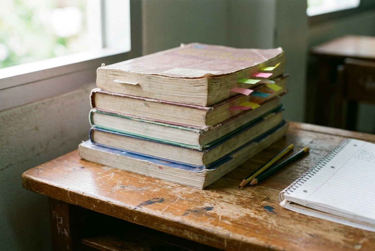 A stack of well-used textbooks with sticky-note tabs, the study resources Lily’s Tutoring Services tutors bring to Maryland sessions
