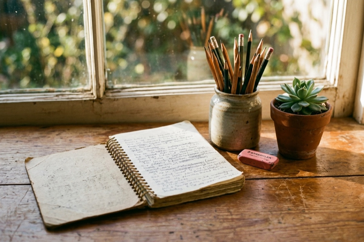 A notebook of pencil-written story drafts with crossed-out lines beside a jar of pencils and an eraser on a sunny windowsill, the creative writing and revision a writing tutor at Lily’s Tutoring Services supports in Maryland