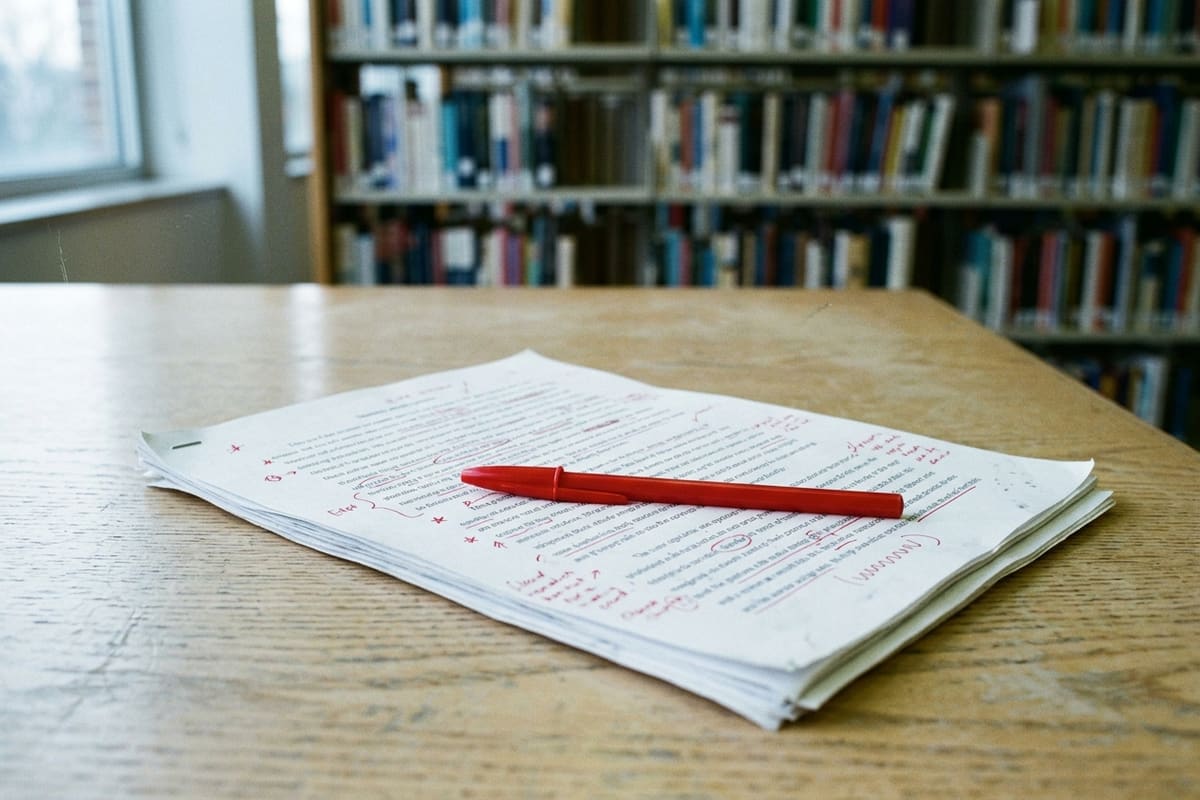 A stack of printed essay pages with red-pen marks in the margins and a red pen resting on top, on a library table in front of bookshelves, the revision and feedback work a writing tutor at Lily’s Tutoring Services does with writers in Maryland