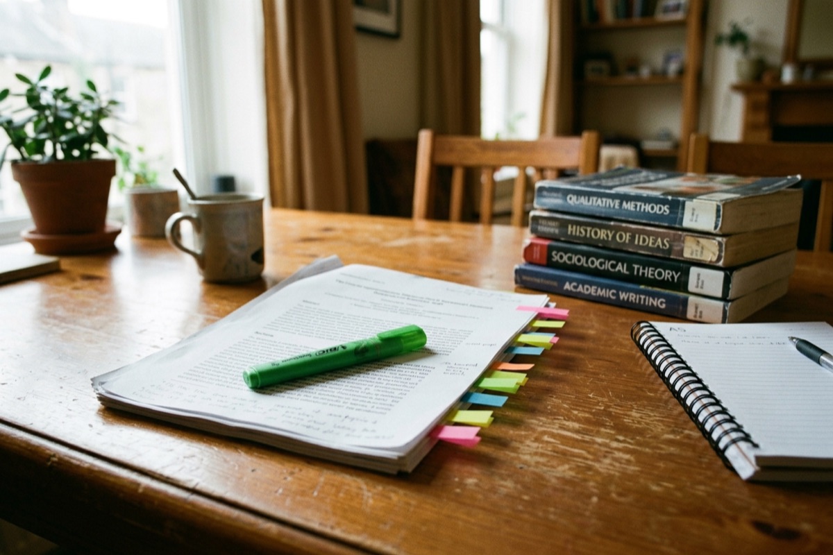 A printed research paper draft with colored sticky tabs, a green highlighter and a stack of library books, the research projects, papers and structure a writing tutor at Lily’s Tutoring Services helps Maryland students organize