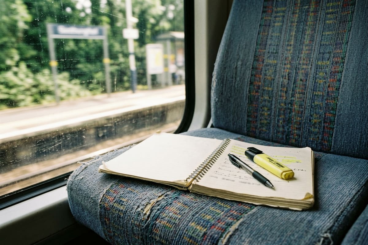 An open spiral notebook with a few lines of handwriting, a highlighter and a pen on a commuter train seat beside a sunlit window, the blank-page start of essay writing with a writing tutor at Lily’s Tutoring Services in Maryland